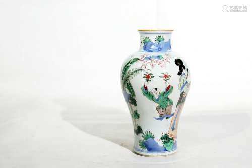 Chinese Mid Qing Dynasty Doucai Figure Story Porcelain Bottle