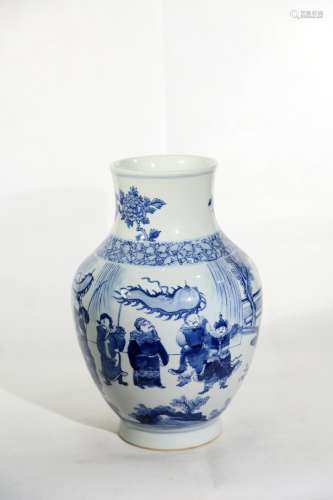 Chinese Qing Dynasty Kangxi Period Blue And White Figure Shory Pattern Porcelain Vessel