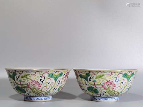 Chinese Pair Of Qing Dynasty Guangxu Period Famille Rose Blue And White Porcelain Bowls