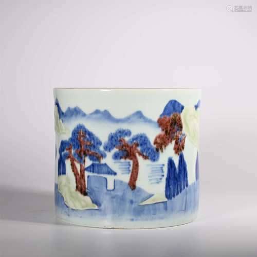 Kangxi of Qing Dynasty            Blue and white underglaze red pen holder