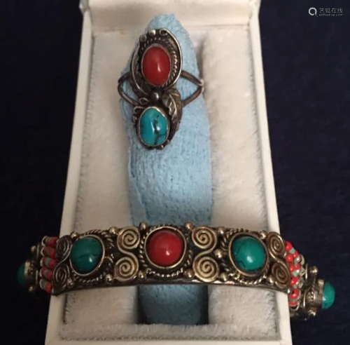 A Coral & Turquoise Bracelet and Ring. Bracele…