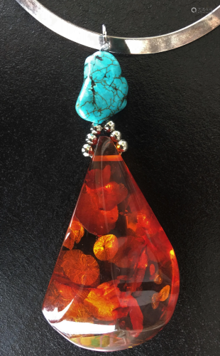 Natural Amber & Turquoise Pendant on silv…