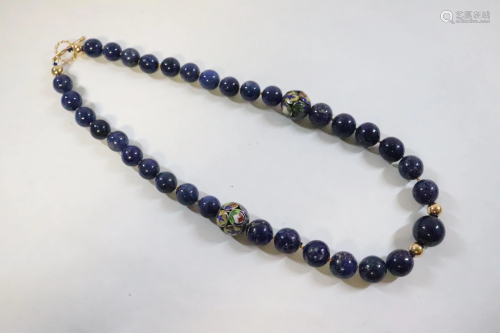 Chinese lapis bead necklace w/ 18K GP Bea…