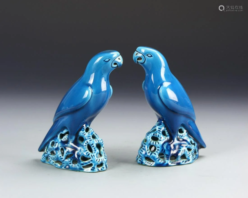 Pair of Chinese Blue Glazed Parrots