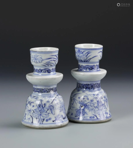 Pair of Chinese Blue and White Candle Sticks