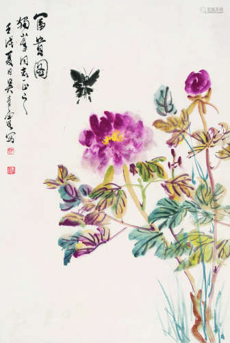 吴青霞（1910-2008） 1982年作 富贵图 立轴 设色纸本