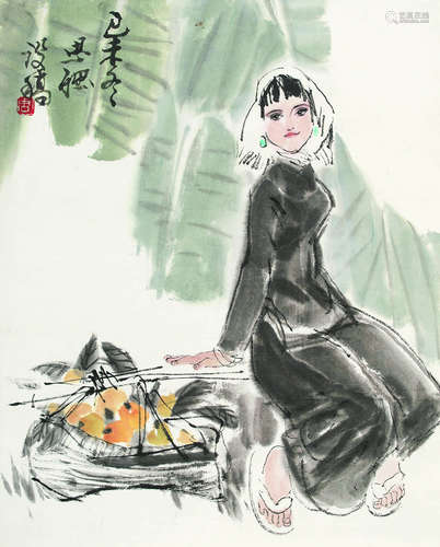 周思聪（1939-1996） 1979年作 芭荫少女 立轴 设色纸本