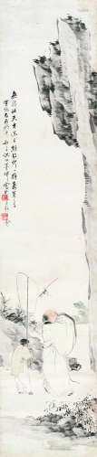倪田（1855-1919） 1909年作 米芾拜石图 立轴 设色纸本