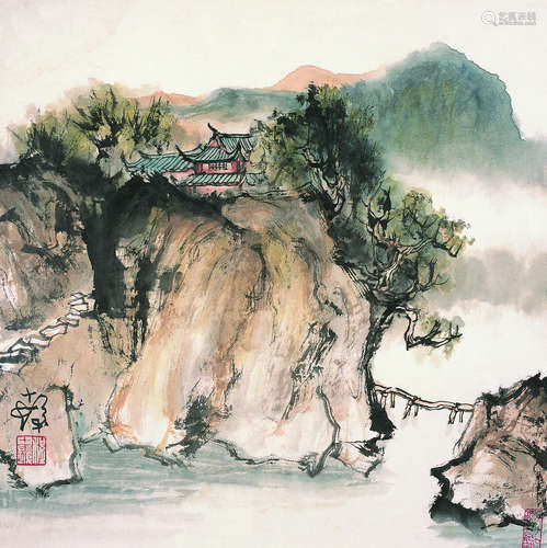 程十发（1921-2007） 山水 镜框 设色纸本