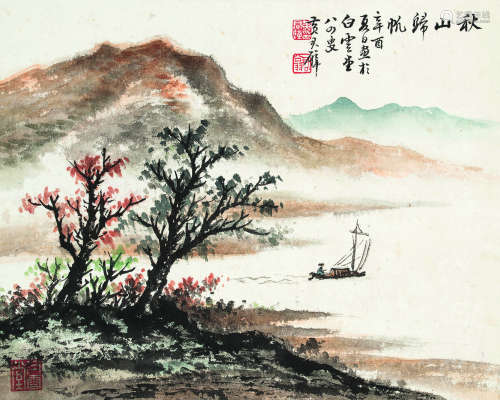 黄君璧（1898-1991） 1981年作 秋山归帆 立轴 设色纸本