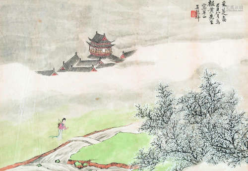 吴谷祥（1848-1903） 1889年作 采芝图 镜框 设色纸本