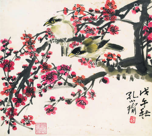 孔小瑜（1899-1984） 1978年作 梅花小鸡 立轴 设色纸本