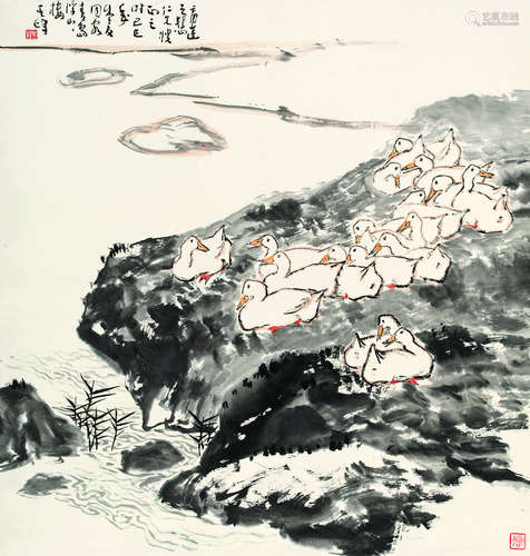 孙其峰（b.1920） 1989年作 群鸭图 立轴 设色纸本