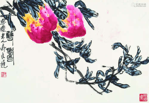 齐良迟（1921-2003） 双寿 镜片 设色纸本