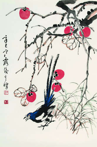 孙其峰（b.1920） 2001年作 四喜图 镜片 设色纸本