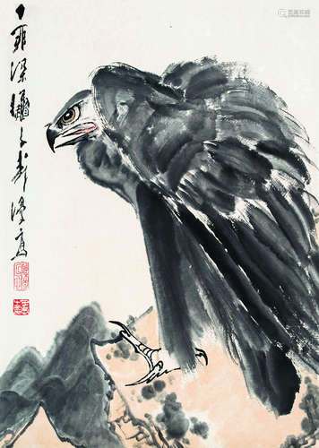 王子武（b.1936） 1987年作 鹰 立轴 设色纸本