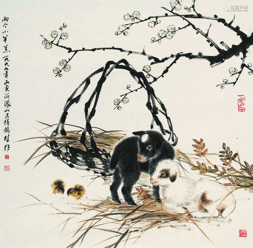 方楚雄（b.1950） 两个小羊羔 立轴 设色纸本