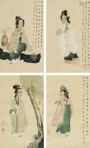 于水（b.1955） 2009年作 仕女 四屏镜片 设色纸本