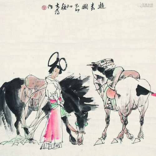 刘大为（b.1945） 1999年作 游春图 镜片 设色纸本