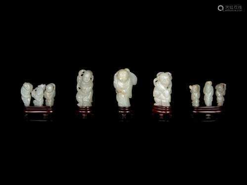 Nine Chinese Carved Celadon Jade Figu…