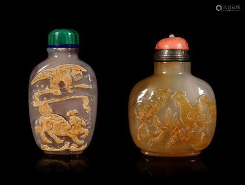 Two Carved Agate Snuff Bottles