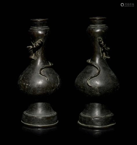 A Pair of Chinese Bronze Bottle Vases