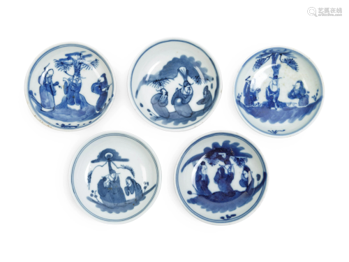 Five Chinese Blue and White Porcelain Wine…