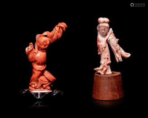 Two Small Chinese Coral Figures