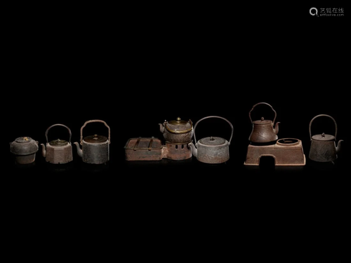 Seven Japanese Cast Iron Teapots, Tetsubin, and