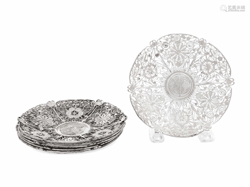 A Set of Six Chinese Export Silver Filigree Plates