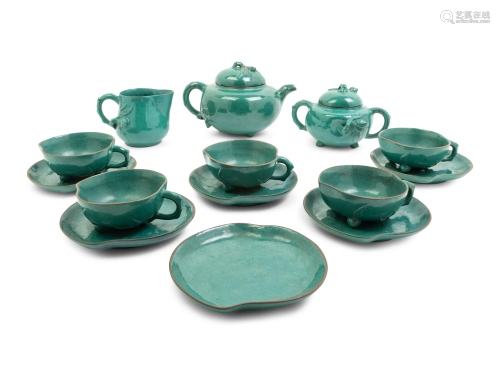 A Chinese Green Glazed Zisha Pottery Tea Set