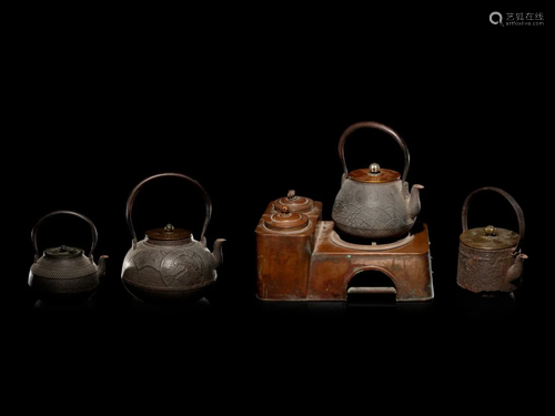 Four Japanese Cast Iron Teapots, Tetsubin , an…