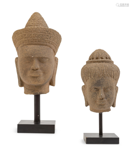 Two Khmer Style Stone Heads of Buddha
