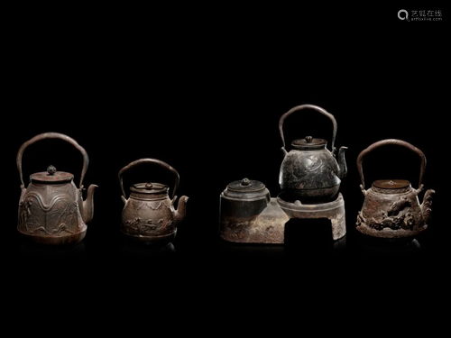 Four Japanese Cast Iron Teapots, Tetsubin