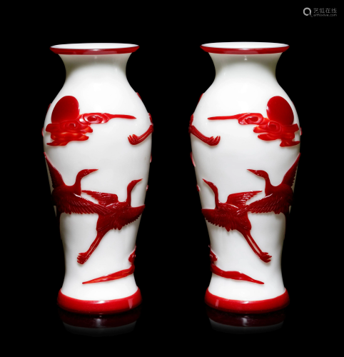 A Pair of Chinese Red Overlay Milky White P…