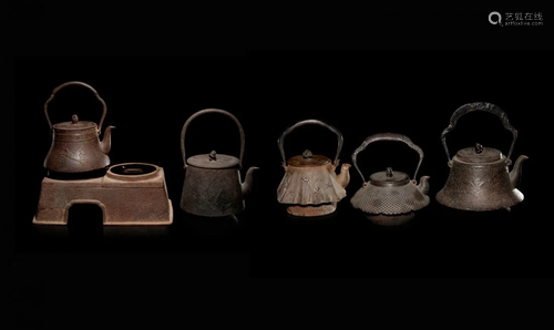 Five Japanese Cast Iron Teapots, Tetsubin