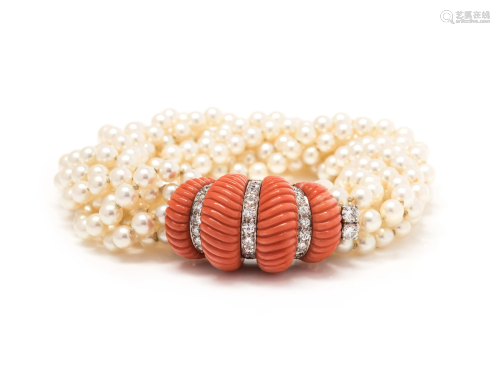 CARTIER, CULTURED PEARL, CORAL AND DIAM…