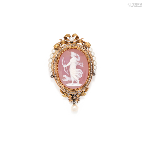 ANTIQUE, FRENCH, AGATE CAMEO, PEARL A…