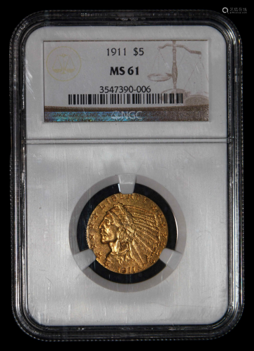 A 1911 Indian Head $5 Gold Coin (NGC MS61)
