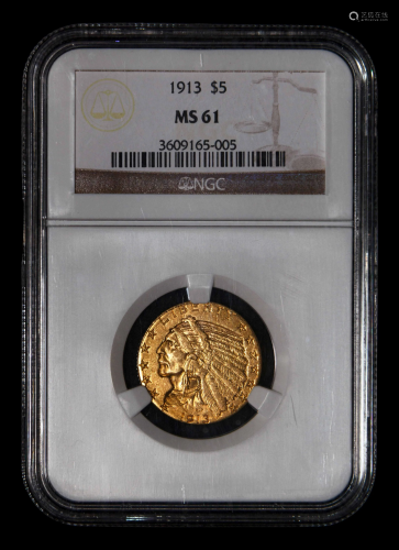 A 1913 Indian Head $5 Gold Coin (NGC MS61)