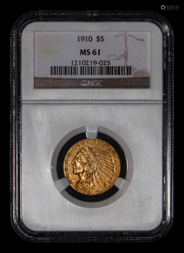 A 1910 Indian Head $5 Gold Coin (NGC MS61)