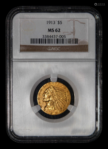 A 1913 Indian Head $5 Gold Coin (NGC MS62)