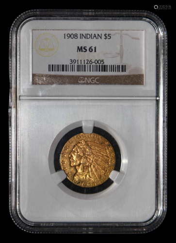 A 1908 Indian Head $5 Gold Coin (NGC MS61)