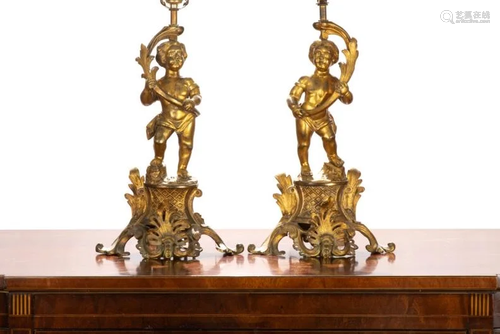 PAIR OF GILT BRONZE FIGURAL CANDL…