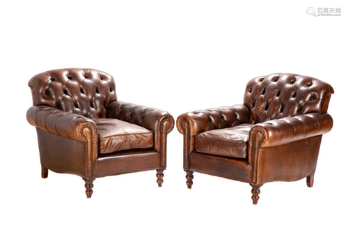 PAIR OF TUFTED BROWN LEATHER CLUB C…