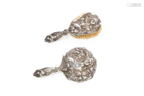 ART NOUVEAU SILVER BRUSH AND MIRROR