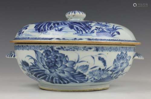 China, blauw wit porseleinen ronde deksschaal, Qin…