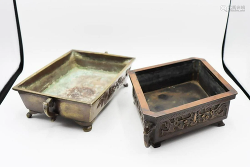 (2) Chinese Bronze Planters w/ Handles