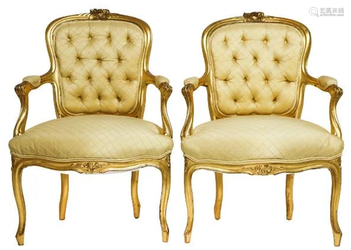 Pair French Gilt Carved 19th C Fauteuil Ar…