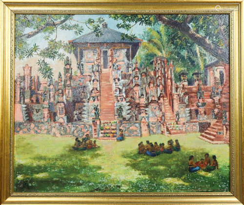 Indonesian Temple, Oil on Board, Signed